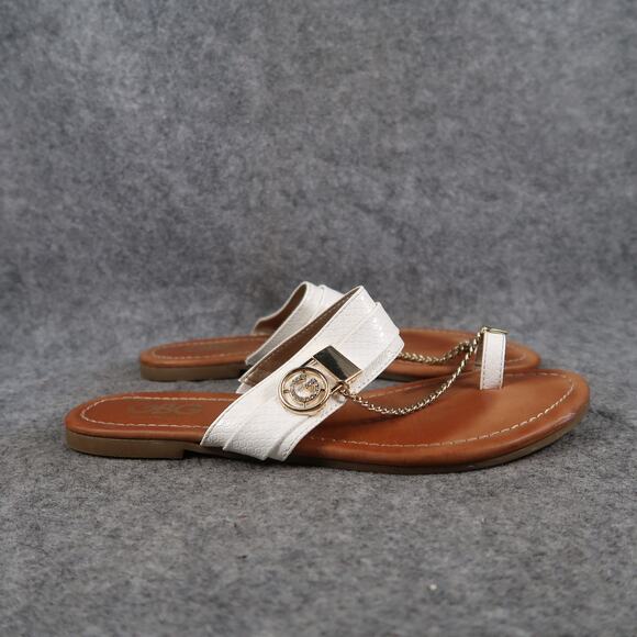 Guess Shoes Womens 7.5 Sandals Toe Ring Slides Logo Chain White Slip On Flats - Picture 1 of 10